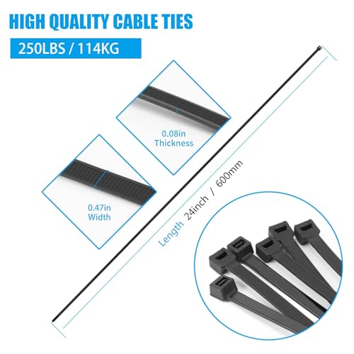 24 inch Black Zip Ties Heavy Duty 300 PCS, 250 LBS Ultra Exclusive Strong Plastic Wire Ties, Large Cable Ties Extra Long Tie Wraps, Indoor and Outdoor UV Resistant - color: Black, size: 24 inch(300Pcs)