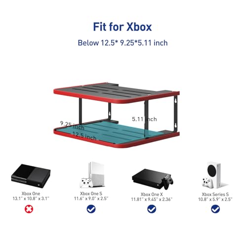 Floating Under TV Game Double Shelf Stand for Xbox Shelf wall Mount for one S/X Series S, Projector Shelf/Router Shelf/Entertainment Center, Projector Holder Accessories, Black Red