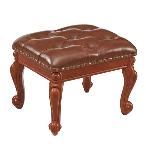 Foot Stools Ottoman, Small Vintage Leather Footstool for Living Room, Solid Wooden Ottoman Foot Rest,Shoe Change Bench at the Entrance (Reddish Brown) - color: Reddish Brown