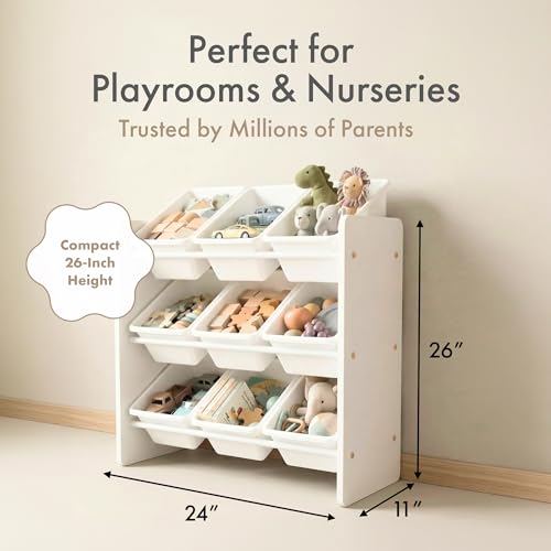 Humble Crew Toy Storage Organizer with 9 Removable Storage Bins for Kids Playroom, 3-Tier Toddler Toy Organization and Storage, White/White - color: White