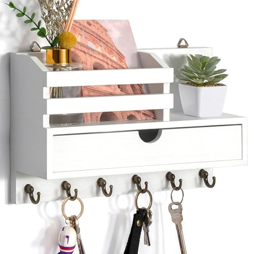 dreampossible Key and Mail Holder for Wall, Mail Organizer Wall Mount with 6 Hooks and Storage Drawer, Wooden Key Rack Hanger with Shelf for Entryway and Home Decor - color: White, size: Standard(11.6''x7.9'')