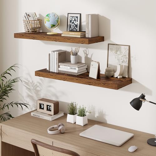Fun Memories Floating Shelves for Wall 36 Inches, Wood Shelves with Invisible Bracket, 10" Deep Shelves Wall Mounted, Large Floating Shelves for Living Room Bathroom, Rustic Brown, Set of 2 - color: Brown Color, size: 36W x 10D x 1.5H