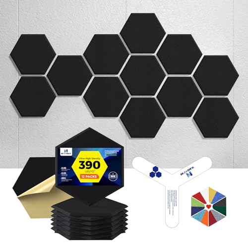 Self-Adhesive Acoustic Panels [390 lbs/yd³ Ultra-High Density], 2nd Generation Sound Absorbing Panel, Professional Level Sound Panel, Polyester Soundproof Foam [Medium Hexagon, Pure Black] - color: Black, size: Medium Hexagon (12''x10''x0.4'')