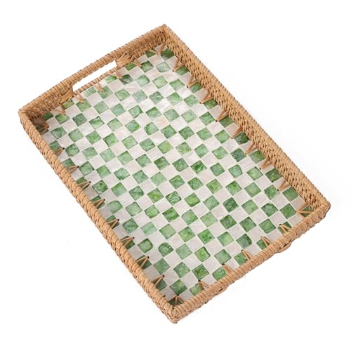 Rectangle Rattan Tray with Mother of Pearl Inlay, Rattan Serving Tray with Handle for Coffee, Bread, Fruits, Decorative Wicker Tray for Table Decor (Rectangle Green Checkerboard, 13"×9") - color: Green Checkerboard