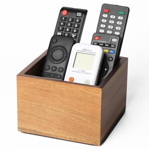 LBEMEY Remote Control Holder Caddy,Farmhouse Acacia Wood TV Remote Holder, Vintage Desk Caddy, Remote Organizer for Table (Brown for 3+ Remote Controls) - style: Brown for 3+ Remote Controls