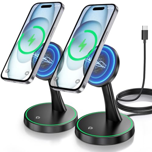 2 Pack Magnetic Wireless Charger Stand 15W Fast Mag-Safe Charger for iPhone iPhone 17 /17 pro/ 17 Air/ 17 pro max 16/15/14/13/12 Series Magnet Wireless Charging Station with Light for AirPods - color: Magnetic Two Pack Black