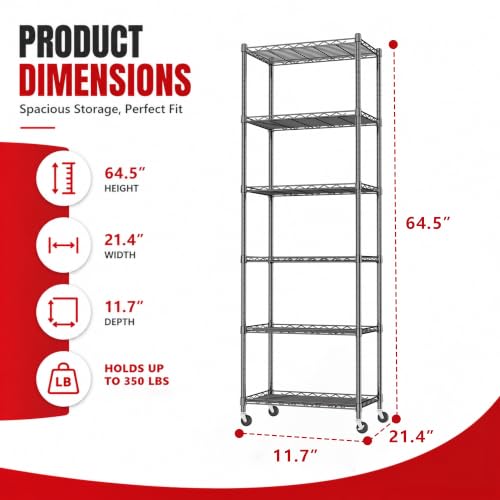 REGILLER 6 Wire Shelving Steel Storage Rack Adjustable Unit Shelves for Laundry Bathroom Kitchen Pantry Closet(Black,11.7" D x 21.4" W x 64.5" H,With Wheels) - color: Black, size: With Wheels 6tier 11.7"D x 21.4"W x 63"H