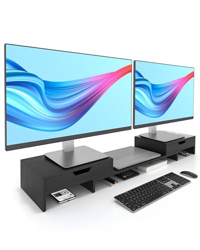 Epesoware Dual Monitor Riser with Two Drawers for Desk, Bamboo Monitor Stand Riser with Storage, Desk Shelf for Computer, IMac & Laptop, No Assembly Required, Black
