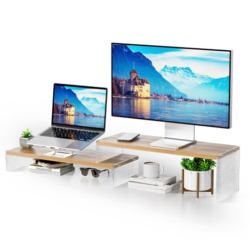 Adjustable Monitor Stand Riser with Acrylic Legs丨7.67" Wide Dual Monitor Stand for Desk丨2-Tier Wood Desktop Organizer for Computer, Laptop, Printer & PC丨Modern Aesthetic Desk Shelf(wood-glacial striae) - color: wood-glacial striae, size: 7.67' W*19.3L