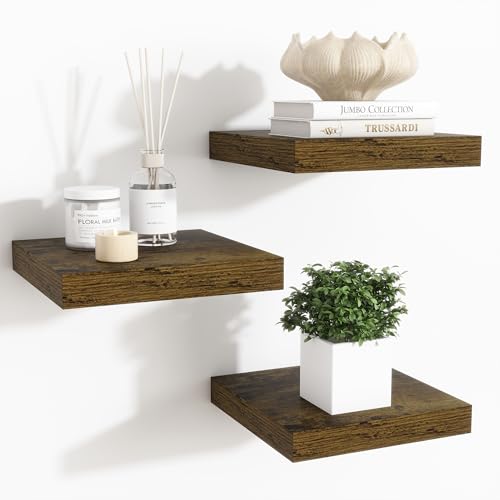 Fun Memories Floating Shelves for Wall - 7.5 Inch Square Shelves with Invisible Brackets, Small Wall Shelf for Living Room, Bathroom, Bedroom, and Kitchen Decor Brown Set of 3 - color: Brown, size: 7.5"W x 7.5"D - 3P