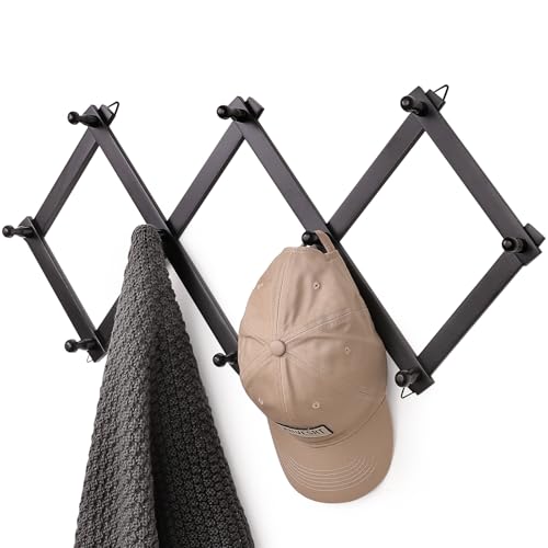SCUNDA Wall Rack with 10 Hooks, Wooden Wall Expandable Coat Rack for Coat, Hats, Baseball Caps, Coffee Mug, Jewelry(Black) - color: Black, size: 10 Hooks