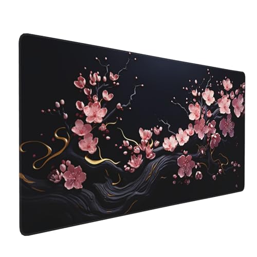 Extra Large Mouse Pad, Cherry Blossom Design, Non-Slip Rubber Base, Stitched Edges, 35.4 x 15.7 Inches, for Gaming and Office - color: plum blossoms