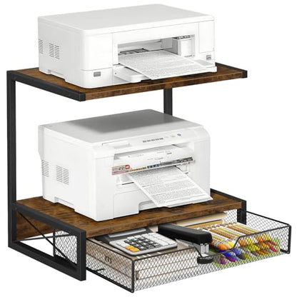 ELITEROO 2-Tier Desktop Printer Stand with Storage Drawer, Wooden Printer Stand for Desk, Small Printer Table with Shelf for Home Office, Fits Fax Machine, Scanner, 3D Printer, Rustic Brown - color: Rustic Brown with Drawer