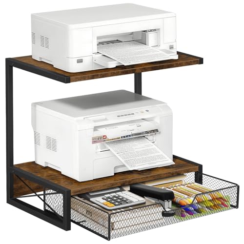 ELITEROO 2-Tier Desktop Printer Stand with Storage Drawer, Wooden Printer Stand for Desk, Small Printer Table with Shelf for Home Office, Fits Fax Machine, Scanner, 3D Printer, Rustic Brown - color: Rustic Brown with Drawer