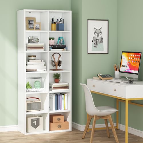 Tribesigns 71.65 Inch Tall Narrow Bookcase Bookshelf, White Modern Bookcase with 12 Cube Storage for Home Office, Vertical or Horizontal - color: Pure White