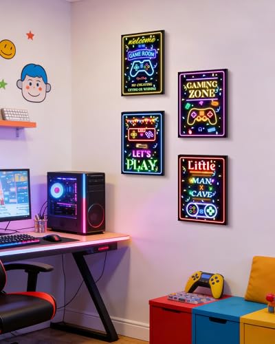 Video Game Decor for Teen Boys Gaming Wall Neon Sign Gamer Room Welcome Little Man Cave Teenage Bedroom Posters Decor Ready to Hang Set of 4, 12x16in (Framed) - size: 16L" x 12W" x 4 Panels