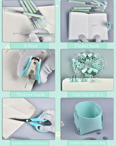 LXEVIHK 21Pcs Green and Blue Desk Organizers and Accessories With Mesh Desk Organizer and 360°Rotating Pen Holder and a Lot of Office Green Office Supplies Beautifully Presented in a Gift Box - color: green+blue