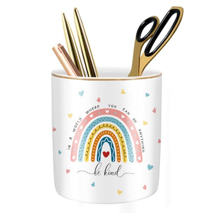 Pen Holder, Ceramic Durable Pencil Cup for Desk， Simple&Modern Style Makeup Organizer, Cute Multifunctional Office Supplies for Home, Kids and School, Rainbow Pattern - color: Rainbow Pattern
