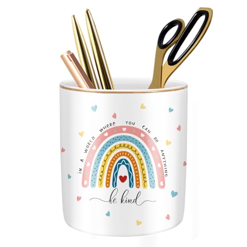 Pen Holder, Ceramic Durable Pencil Cup for Desk， Simple&Modern Style Makeup Organizer, Cute Multifunctional Office Supplies for Home, Kids and School, Rainbow Pattern - color: Rainbow Pattern