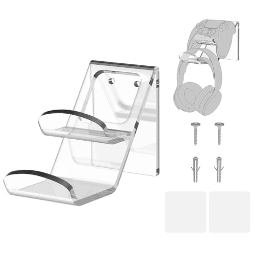 GEEKRIA Wall Mount Controller Holder, Acrylic Headphone & Gamepad Stand, Dual Storage Gaming Hook, Wall Mounted Headset Hanger for PS5 PS4 Xbox Controllers, Space Saving Organizer