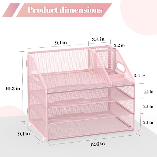 Letter Tray Paper, 4 Tier Desk Organizer with Pen Holder and Handle, Mesh File Organizer Paper Sorter Metal Desktop Document Shelf for Office Home Classroom - Pink - color: 4 Tier-pink