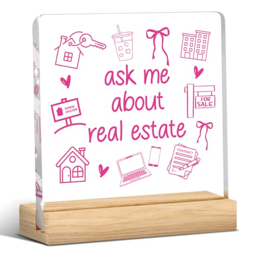 Realtor Gifts, Pink Realtor Gifts for Women, Funny Real Estate Agent Gift, Closing Gift, Realtors Office Desk Decor for Women, Bow Love Acrylic Sign Realtors Office Bedroom Shelf Table Decor - color: Ask Me About Real Estate