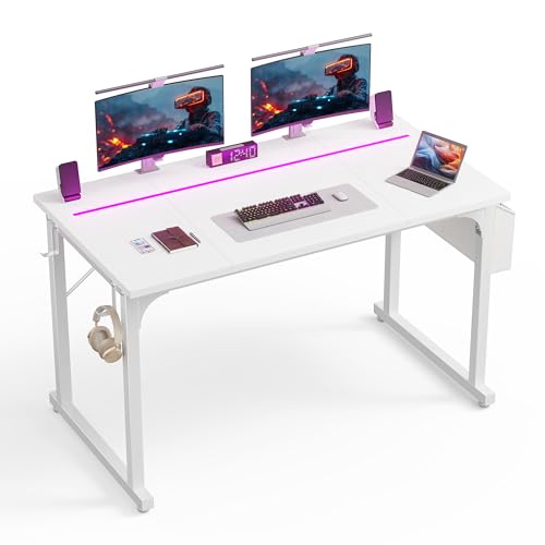 DurayLoly 48 Inch Computer Desk with LED Lights for Home Office,Bedroom Study Desk for Teens, Sturdy Metal Frame,Headphone Hook & Storage Bag,Small Space Design,White - color: White, size: 48 Inch