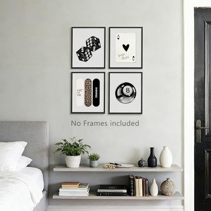 YUISLE Trendy Black and White Wall Art Posters, Leopard Preppy Room Decor, Aesthetic Dice Poster Prints for Teen Girl's Dorm Bedroom, 8x10 Inch, 4 PCS(Unframed)