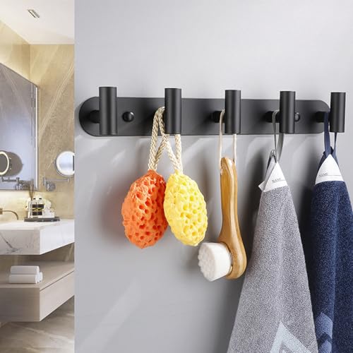 Coat Hook Rack, Wall Mounted Coat Rack with 5 Hooks, Heavy Duty Towel Hooks Rack Wall Hooks for Hanging Clothes Jacket, Stainless Steel Coat Hanger for Bathroom Entryway Mudroom(Matte Black) - color: Matte Black, size: 5 Hook