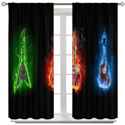Guitar Curtains, Fire Burning Electric Guitar Rock Music Theme Window Curtains Drapes for Bedroom Living Room Home 42" W X 45" L(No Blackout) - color: Musical-1, size: 20.5"W x 45"L (Pack of 2)