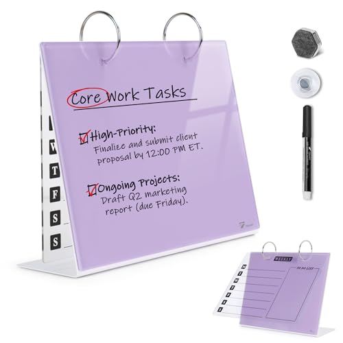 Desktop Glass Dry Erase & Acrylic Aesthetic Desk Calendar Weekly To-do List Combo, Small Magnetic Standing Whiteboard, Desk Flip Easel Calendar with Accessories for Home Office Supply, Purple, 9 x 7'' - color: Purple With Flip Sheet