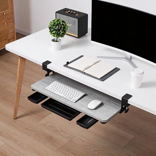 Keyboard Tray Under Desk with Drawer,26.77" X 11.81" Keyboard Tray Large Size with C Clamp-on Mount, Easy to Install, Save Space for Office Desk (Grey) - color: Grey