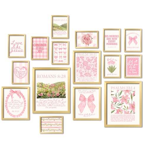 16 PCS Framed Christian Coquette Wall Art Decor, Pink Bow Bible Verses Wall Collage Kit Prints for Bedroom, Gallery Wall Frame Set, Jesus Posters for Living Room Aesthetic, Dorm Artwork for Girls Kids - color: LightPink, size: 12"x15" Framed