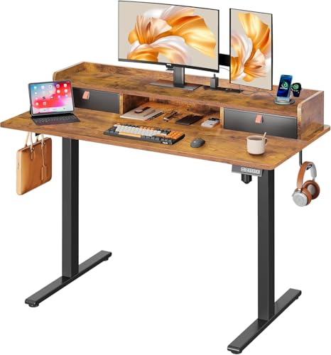 DEVAISE 48 Inch Electric Standing Desk with Shelf, 3 Adjustable Computer Desk for Home Office, with LED Touchscreen，Headphone Hook, 3 Memory Preset, with One-Piece Desktop, Rustic Brown - color: Rustic Brown, size: 48 Inch / One-Piece Top/ with Shelf
