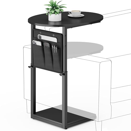Vagusicc C Shaped End Table, Adjustable Height Small Side Table for Couch and Recliner, 32" Tall Couch Side Table Slide Under Sofa Tray Desk with Storage Bag for Living Room and Bedroom, Black - color: Black, style: Ordinary