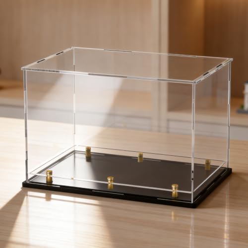Acrylic Display Case for Collectibles, Dustproof Acrylic Box with Clear Display Elevation & Gold Risers, Large Display Case for Figures Toys Memorabilia, 16" L x 8" W x 8" H - size: 16"L x 8"W x 8"H