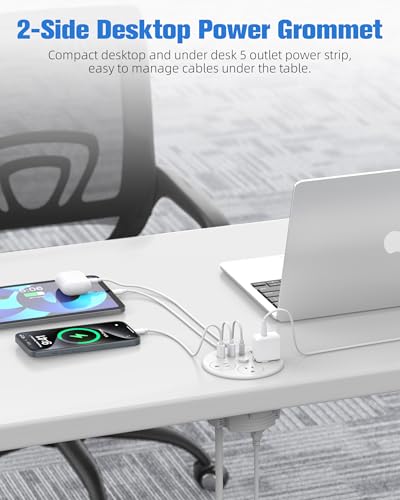 Desktop Power Grommet with 100W USB C, Double-Side Recessed Charging Station Plug in 5AC Outlets & 4 USB Ports, 4-Inch Hole Furniture Flush Mount for Countertop White - color: White
