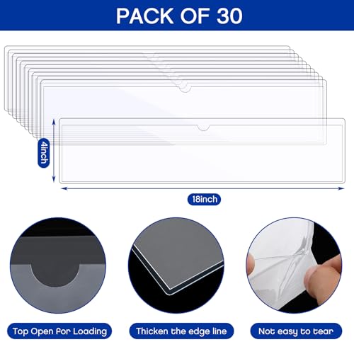 Chinco 30 Pcs Self Adhesive Pockets, Bin Labels for Storage Bins, Clear Pocket Label Sleeves, Plastic Index Card Holder with Top Open for Organizing Bins Box Drawer(18 x 4 Inches) - size: 18 x 4 Inches