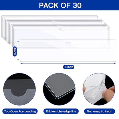 Chinco 30 Pcs Self Adhesive Pockets, Bin Labels for Storage Bins, Clear Pocket Label Sleeves, Plastic Index Card Holder with Top Open for Organizing Bins Box Drawer(18 x 4 Inches) - size: 18 x 4 Inches