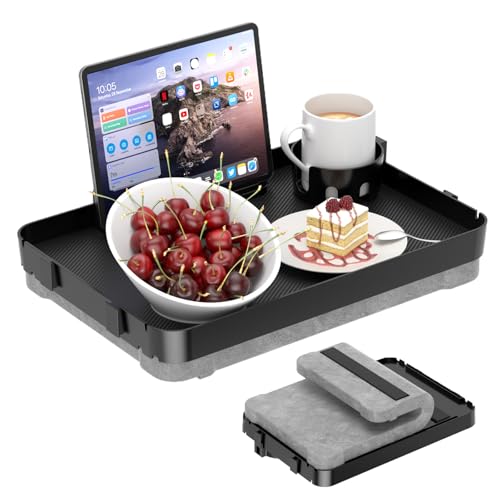Lap Tray with Cushion Plastic Lap Desk with Cushion 15.5”Large Breakfast in Bed Tray with Removable Cushion & Cup/Phone Holder, Lap Table with Laptop Pocket for Couch TV Adults Eating Gaming Black