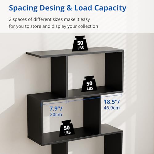 Cozy Castle Set of 2 Geometric Bookcase, S-Shaped Modern Bookshelf, Room Divider Bookshelf, 62" Tall Unique Abstract Bookcase with 5-Tier Display Shelf for Living Room Office, Black - color: Black