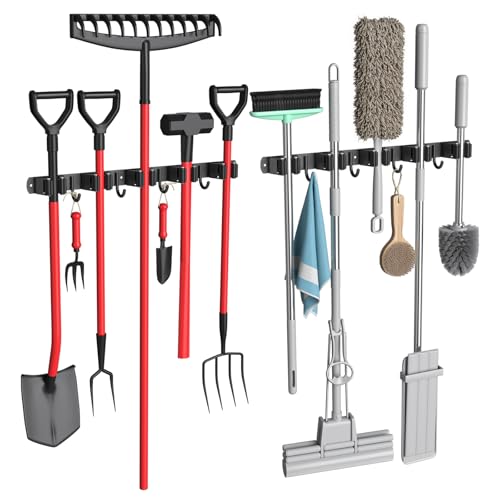 2 Pack Mop and Broom Holder Wall Mount, 5 Racks and 4 Hooks Broom Organizer Storage Garage Tool Racks Wall Mounted Mop Hanger for Home Kitchen Garden Laundry (Black)