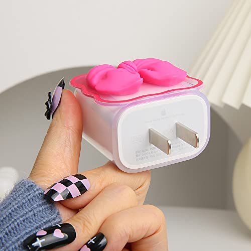 Compatible with iPhone 18W/20W USB-C Charger Cover Cute 3D Bow Tie Design Clear Soft Charger Protector Kawaii Cable Saver for iPhone 11 12 13 14 Pro Max Fast Power Adapter, Rose 2 (5in1) - color: Rose 2 (5 in 1)