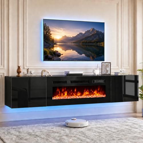 80'' Floating TV Stand with 40" Electric Fireplace, Wall Mounted Entertainment Center with Storage for TVs up to 90", Adjustable 12-Color LED Lights Media TV Console for Living Room - color: All Black, size: 80 IN