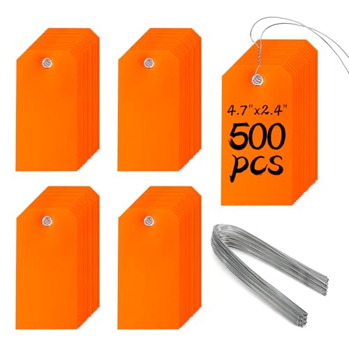 500 Plastic Shipping Tags with Wire - Waterproof Heavy Duty Labels with String Wires - Orange, 4 3/4 x 2 3/8 - color: Orange, size: 4 3/4 x 2 3/8
