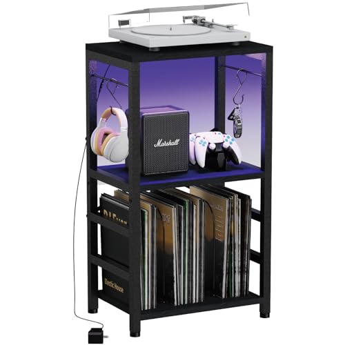 YAKANJ End Table with LED Light,Record Player Stand with Albums Storage,Vinyl Records Storage,Turntable Stand Side Table for Music Room Studio Living Room Bedroom-Modern Black - color: Modern Black