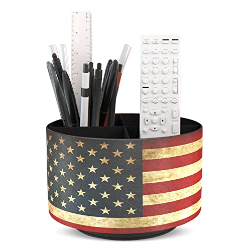 Round Leather Art Supply Organizer,Remote Control Holder,360 Degree Rotating,Multi-Functional Pencil Holder,4 Compartments Desktop Stationary Organizer(1-American Flag) - color: 1-American Flag