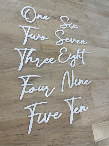 Cursive Wedding Table Number SET, DIY thin modern Black or White acrylic cutouts with silicone glue included. Words only, no backing (One - Ten, Gloss White) - color: Gloss White, size: One - Ten