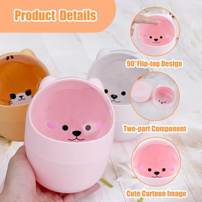 Cute Desktop Tiny Trash Can with Flip Lid, Creative Kawaii Bear Mini Wastebasket, Portable Countertop Dustbin for Office Kitchen Vanity Tabletop Bedroom (Pink) - color: Pink