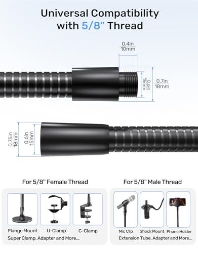 19" Universal Flexible Microphone Gooseneck Stand, 5/8" Male and Female Threads, 2.5 lb High Load-bearing, Durable Aluminum Alloy Construction for DIY Projects, Black - size: 19" Gooseneck